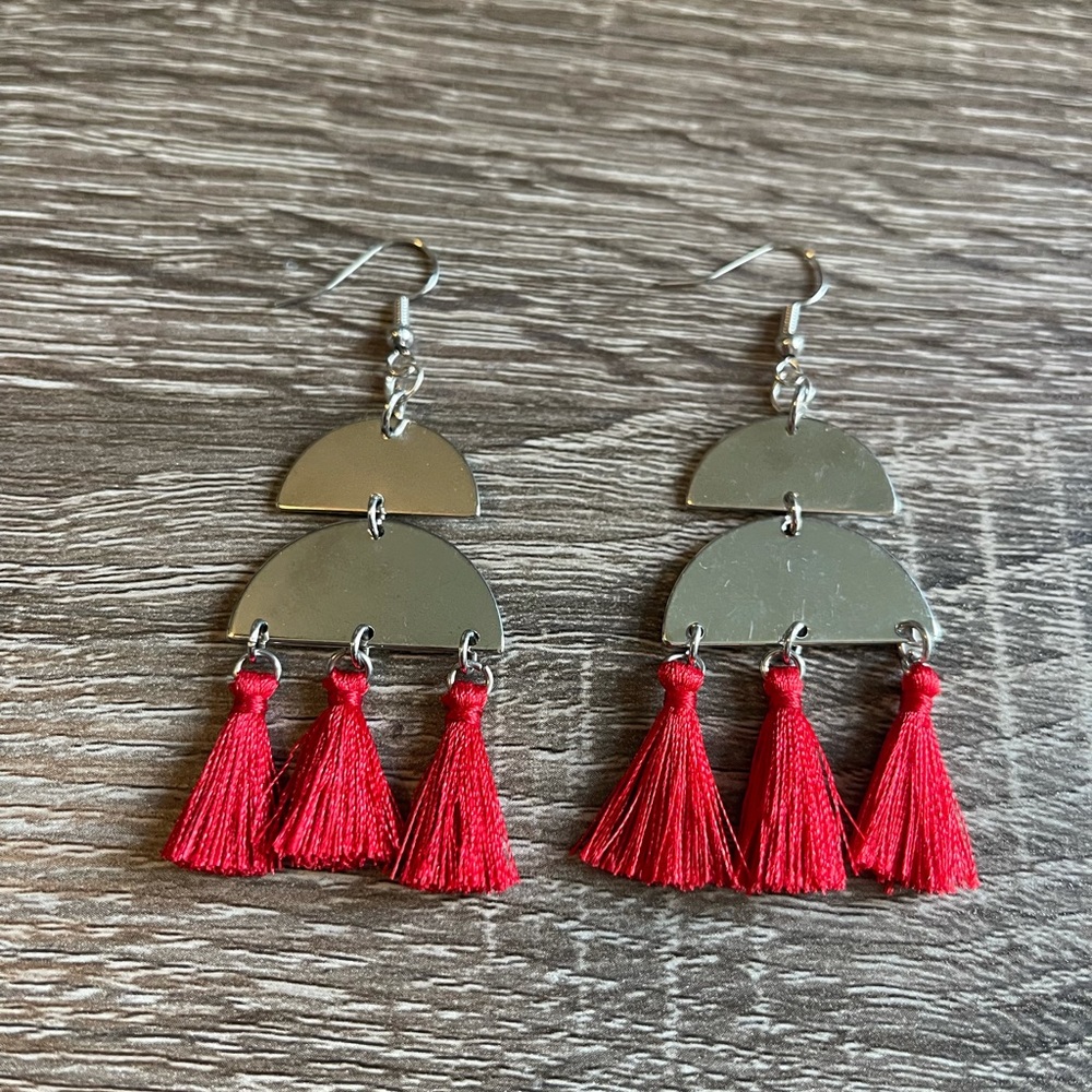 3 for $25 Handmade Silver & Red Tassel Earrings - Picture 1 of 1